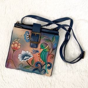 Anuschka Crossbody Purse Hand Painted Portuguese Parrot Blue Bird